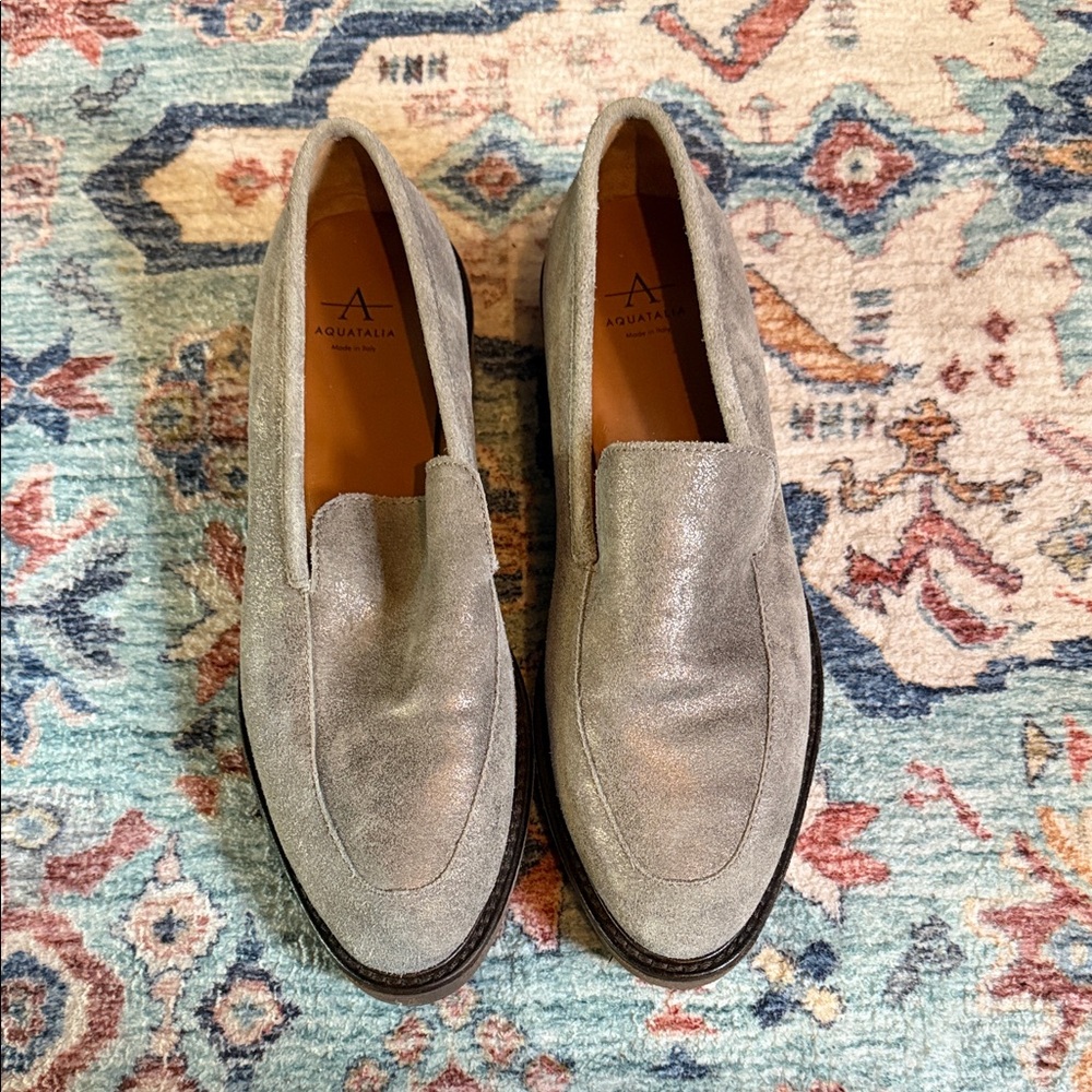 Aquatalia Silver Suede Loafers